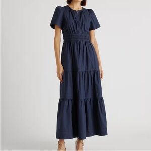 Quince Navy 100% Organic Cotton Poplin Tiered Maxi Dress- Small